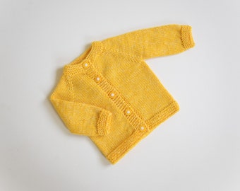 Yellow baby girl sweater Size Newborn Ready to ship Hand knit baby sweater merino jacket wool cardigan