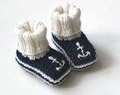 Dark blue baby booties with anchor knit sailor booties wool baby slippers MADE TO ORDER