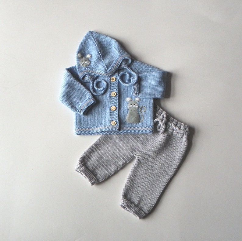 Light blue baby boy set with mouse design merino set jacket Etsy