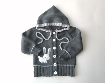 Bunny sweater knit baby hoodie dark grey wool cardigan white bunny design MADE TO ORDER