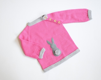 Pink baby girl sweater Size 18-24 Months Ready to ship Bunny sweater merino pullower knit baby clothing