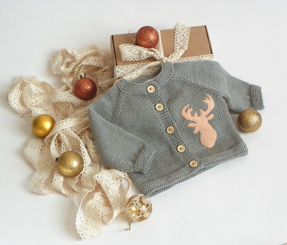 Christmas deer sweater knit baby jacket with buck grey wool Etsy
