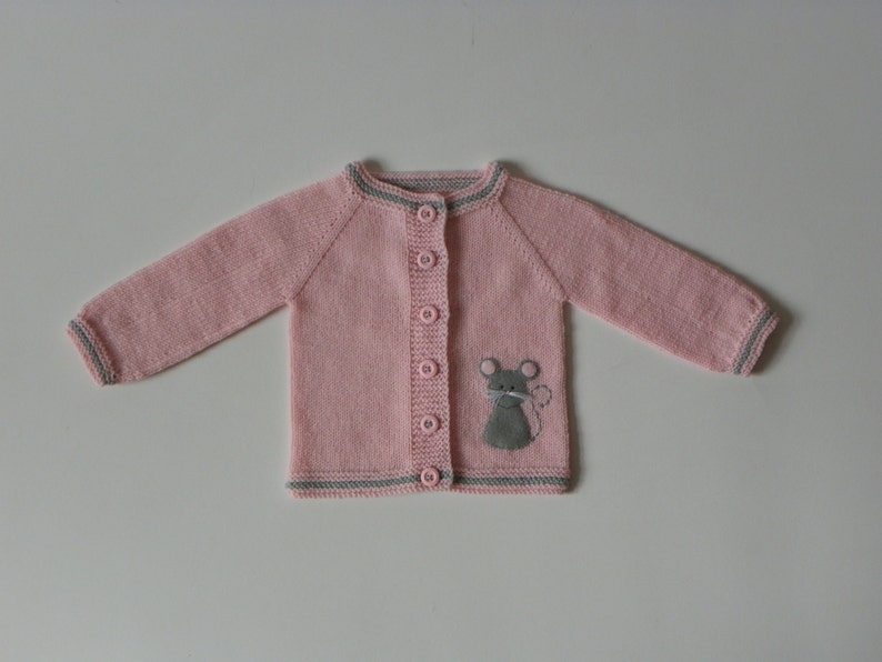 Light pink baby girl jacket with mice knit merino sweater with grey mouse MADE TO ORDER
