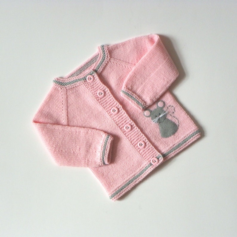Light pink baby girl jacket with mice knit merino sweater with grey mouse MADE TO ORDER