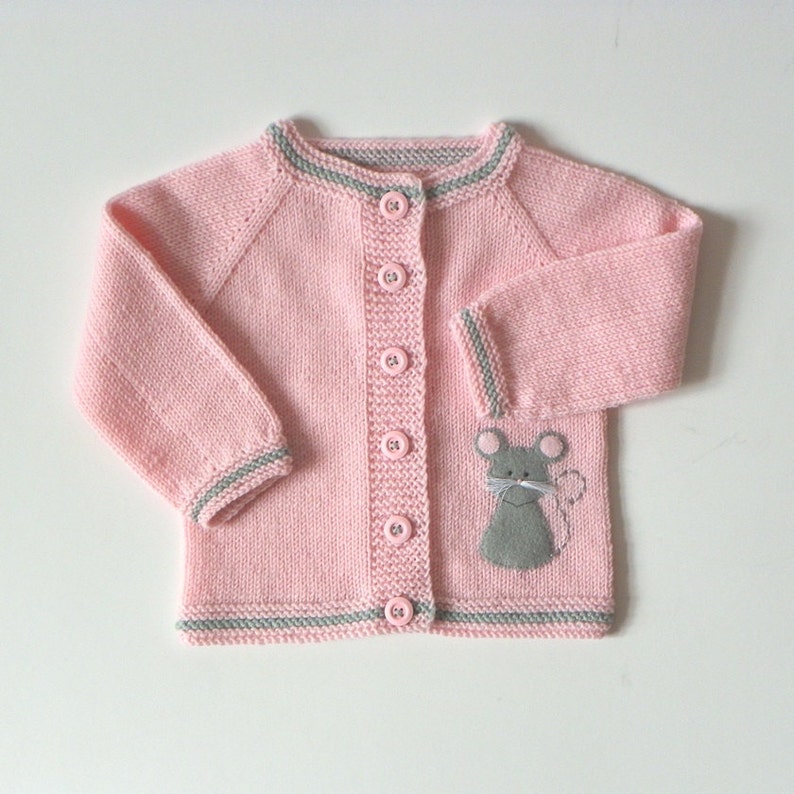 Light pink baby girl jacket with mice knit merino sweater with grey mouse MADE TO ORDER