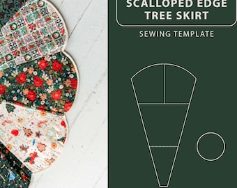 May include: A scalloped edge tree skirt sewing template featuring a patchwork design with various holiday-themed fabrics in red, green, and white. The right side displays a dark green panel with the text SCALLOPED EDGE TREE SKIRT SEWING TEMPLATE.