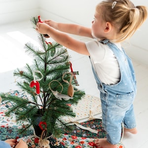 May include: A small artificial green pine tree decorated with felt ornaments including a red candy cane, a gray animal, and dried orange slices. The tree sits on a circular fabric tree skirt featuring a colorful pattern of holiday motifs.