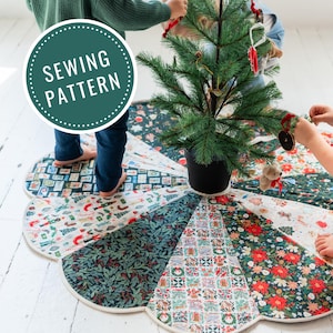 May include: A circular Christmas tree skirt featuring a patchwork design of various holiday-themed fabrics in shades of green, red, and white. The skirt has a scalloped edge and a green circular overlay with the text SEWING PATTERN in white.