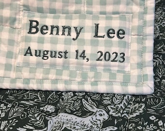 Personalized heirloom baby quilt, baby shower gift for boy, Rifle Paper Co wholecloth quilt, woodland rabbits and green gingham crib blanket