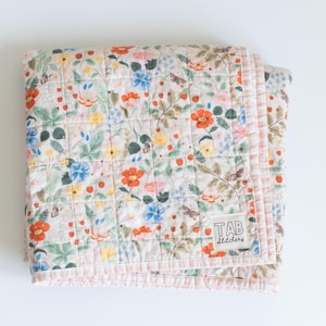 Modern heirloom baby quilt, baby shower gift for girl, Rifle Paper Co wholecloth quilt, pink strawberry fields and gingham crib blanket