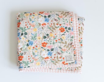 Modern heirloom baby quilt, baby shower gift for girl, Rifle Paper Co wholecloth quilt, pink strawberry fields and gingham crib blanket