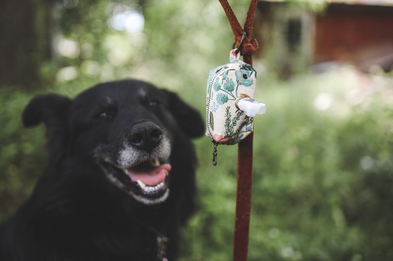 May include: A black dog with a white patch on its chest sits in front of a floral patterned dog waste bag dispenser hanging from a rusty metal hook.