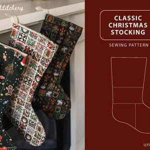 Molde para costura de meias de Natal acolchoadas disponível para download instantâneo. Faça você mesmo! Vídeo tutorial em PDF com design clássico e simples de estilo vintage.