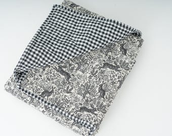 Modern heirloom baby quilt, gender neutral baby shower gift, Rifle Paper Co wholecloth quilt, black and white gingham and bunny crib blanket