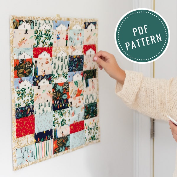 Advent calendar sewing pattern, fabric panel Christmas quilt, DIY advent calendar, easy kids calendar with pockets or pouches, PDF download