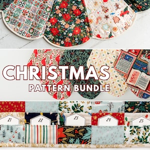 May include: A Christmas pattern bundle featuring a scalloped tree skirt with festive prints, four holiday stockings with cardinal and gingerbread motifs, and a quilted advent calendar with numbered pockets labeled 21 through 25.