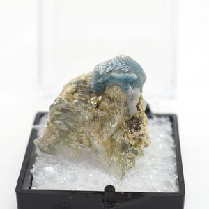 Blue Apatite crystal on matrix from Brazil natural stone thumbnail perky box included (TN2136) structure minerals