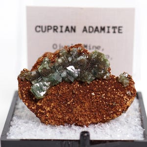 May include: A Cupran Adamite mineral specimen. The image shows a cluster of green crystals on a reddish-brown matrix, presented in a black case. A label behind the mineral reads "Cupran Adamite".
