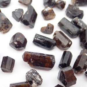 May include: A collection of brown and black tourmaline crystals, some with a striated texture, scattered on a white surface.