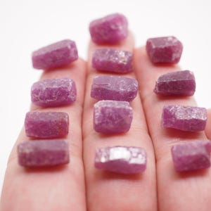 May include: A collection of small, raw, uncut ruby gemstones with a deep magenta-pink hue. Each stone features a rough, crystalline texture with irregular, faceted edges and a semi-opaque appearance, arranged in rows on a neutral surface.