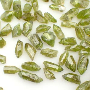 Op de afbeelding: Een verzameling kleine, doorschijnende, olijfgroene kristallen verspreid op een witte ondergrond. De kristallen variëren in grootte en vorm, met veel langwerpig en puntig. Het geheel is een presentatie van natuurlijke edelstenen.