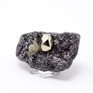 Pyrite crystal and Prehnite on Graphite Merelani Hills, Tanzania - Mineral Specimen, Geology Gift, Rock and Minerals (F5730-19)