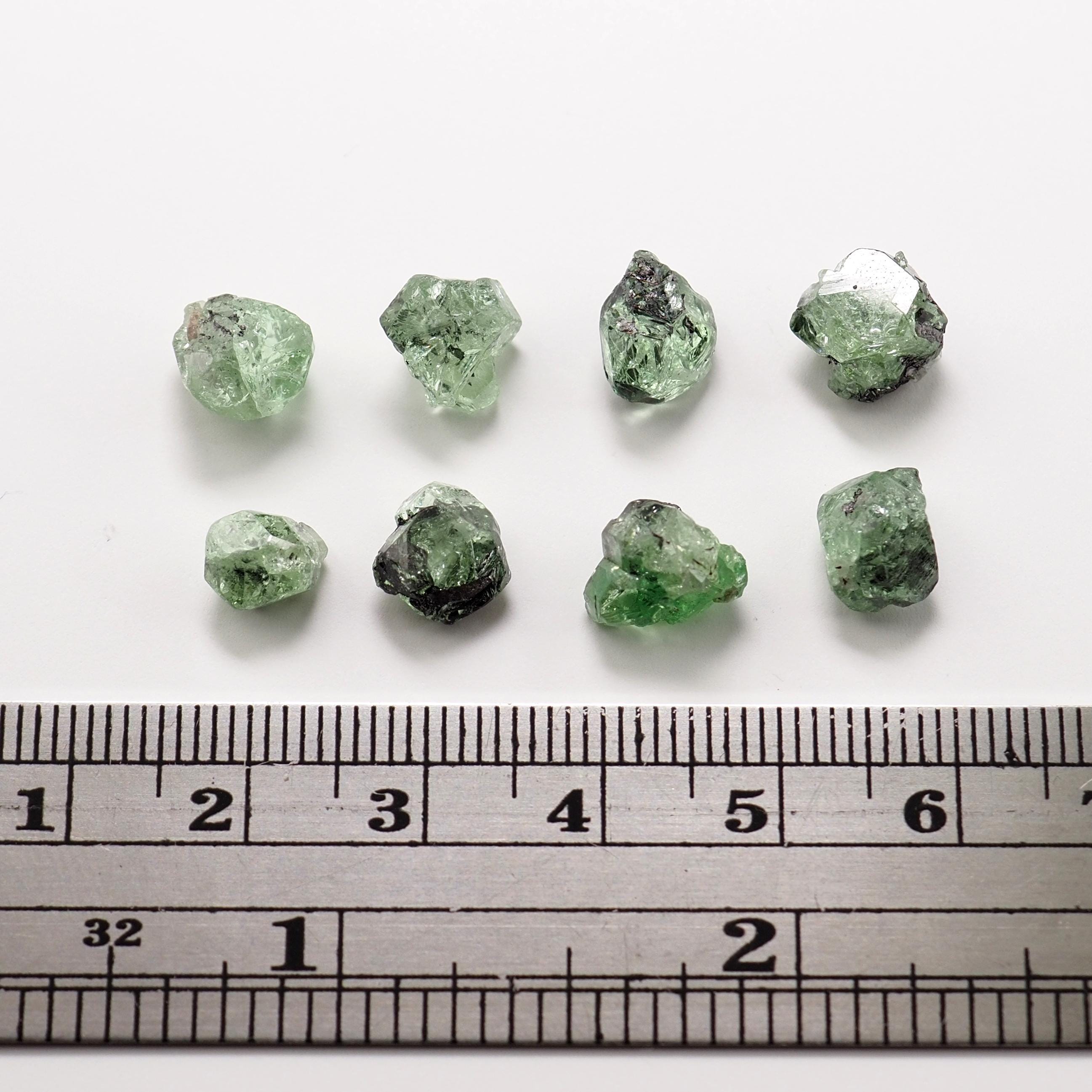 緑色のグロッシュラーガーネット結晶8個：タンザニア、メレラニ丘陵産