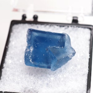 Blue Fluorite Crystal: Marsanges Mine, France with Thumbnail Box