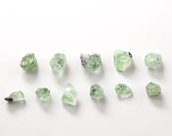 May include: A collection of raw, uncut green fluorite crystals. The crystals vary in size and shape, with a translucent, glassy appearance. Some crystals have small dark inclusions.