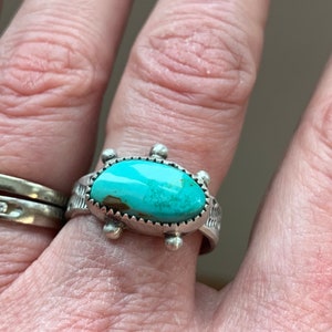 STERLING silver turquoise ring, hand textured wave band, artisan Metalsmith jewelry, size 8.25, gifts for her, ooak, Nevada Royston US mine