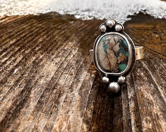 Size 6.75 Boho Western Ring, Turquoise, Rustic Style, Solid STERLING Artisan Handmade, Gift for Her, OOAK, Royston NV mine, Hand Forged