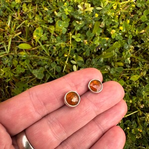 Puede incluir: Un par de pendientes de bot&oacute;n de plata con piedras redondas de color marr&oacute;n anaranjado.