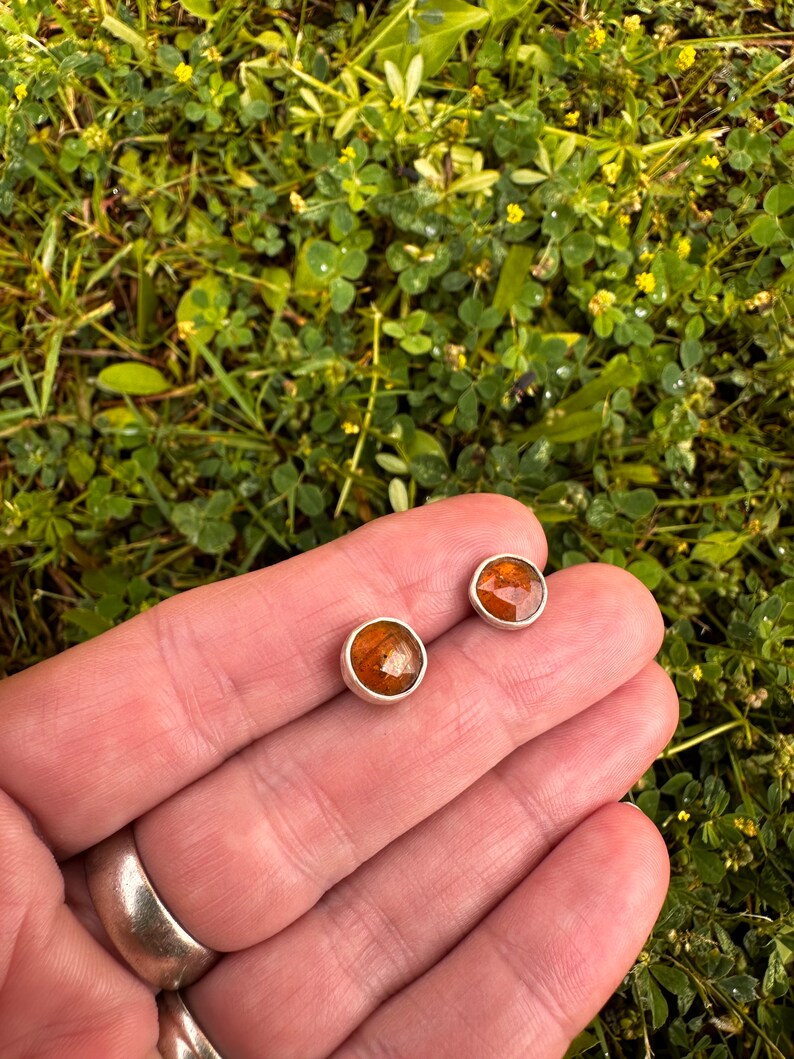 Puede incluir: Un par de pendientes de bot&oacute;n de plata con piedras redondas de color marr&oacute;n anaranjado.