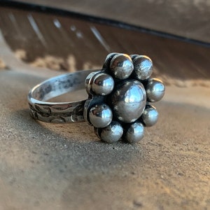 Size 6, Silver Bauble Flower Ring, silver nugget ring with organic Textured Band, gift for her, solid sterling silver, made in USA