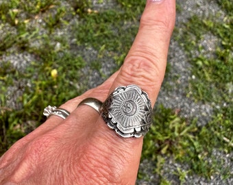 Moon star STERLING silver artisan ring, size 8.5  gift for her, silversmith jewelry, saddle ring