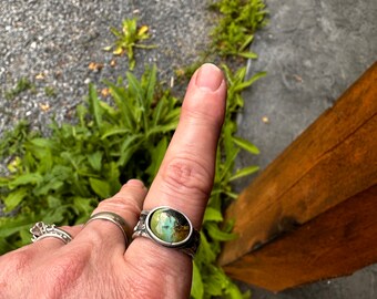 Size 7, Pilot Mountain Turquoise, Rustic Ring STERLING Silver Fused Artisan Jewelry, Handmade, Gift for Her, OOAK stone Blue, black/brown