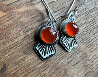 Orange chalcedony gemstone, solid STERLING silver earrings, Handcrafted gift for her, Rose cut dangles, Artisan Jewelry