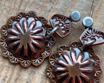 Copper Concho stud dangle earrings mixed metals southwestern style, gift for her, artisan jewelry