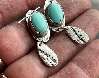 Kingman Turquoise, STERLING Silver, Natural Arizona stones, Earrings, Textured dangles, gift for her, artisan jewelry, southwest vibes