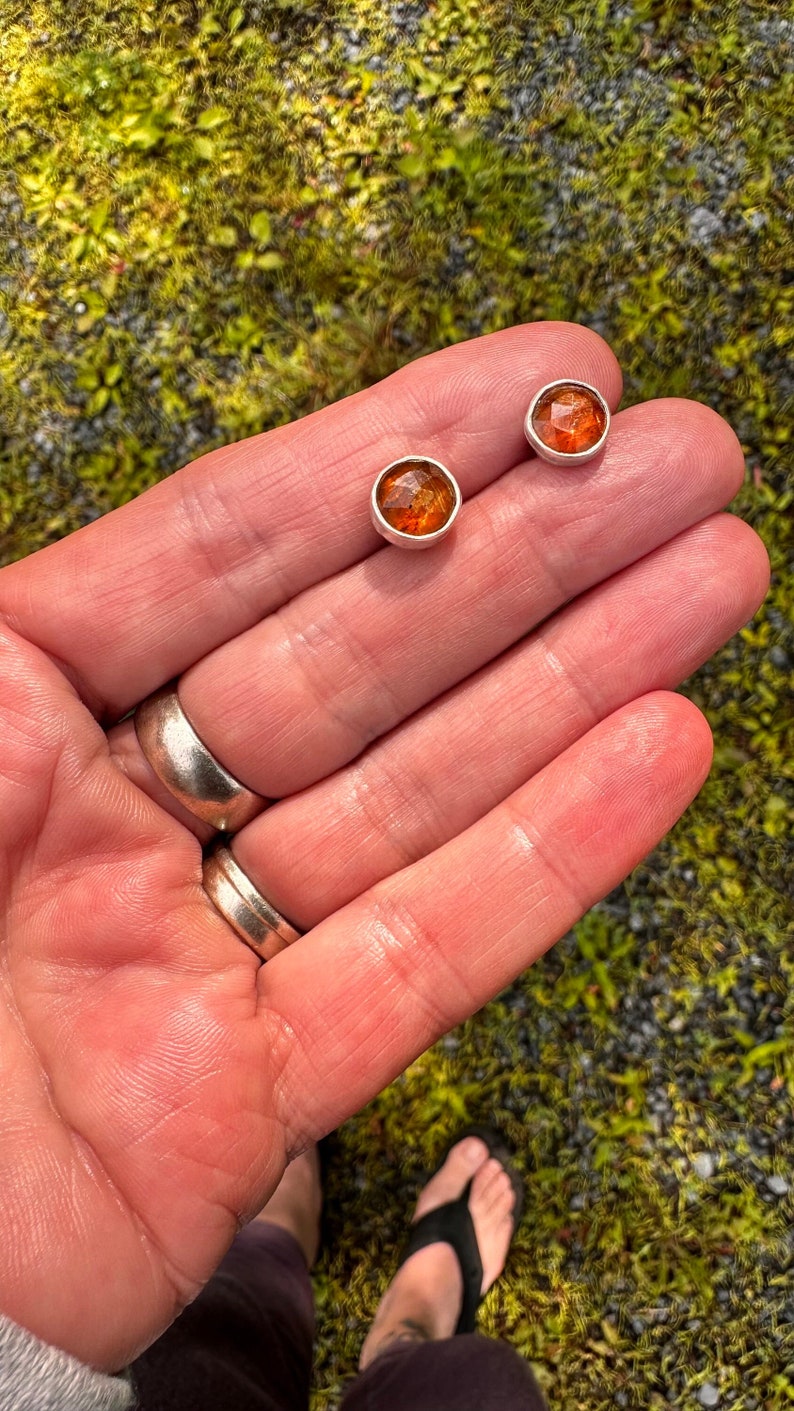 Puede incluir: Un par de pendientes de bot&oacute;n de plata con piedras redondas de color marr&oacute;n anaranjado.