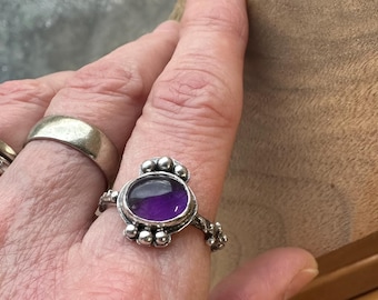 Amethyst Ring, SOLID STERLING silver, crystal jewelry, handmade artisan ring, USA made, Gift for her, Dark Purple gemstone, size 8.5