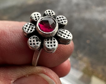 Garnet Size 6, Silver Bauble Flower Ring, silver nugget ring with organic Textured Band, gift for her,  sterling, made in USA