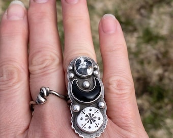 Crescent Moo,  Witch Ring, SOLID Sterling silver, boho style, white Buffalo, black bull horn, Gift for her, size 6.5