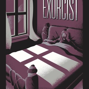 May include: A poster for "The Exorcist" film, featuring a distressed figure in a bed. The title is in a bold, silver font against a dark purple background. A window and a figure are visible. The poster includes event details.