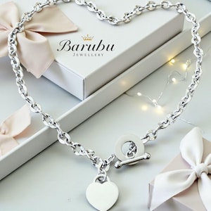 Personalized Silver Heart Toggle Necklace, Engraved Silver Heart Pendant Chain, Anniversary Birthday Friendship Keepsake Memory Gift for Her