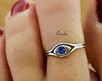 925 Sterling Silver Adjustable Evil Eye Blue Sapphire Toe Ring, Crystal Gemstone Toe Ring, Summer Beach Body Jewellery Toe Ring Gift for Her