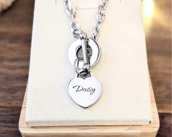 Personalized Silver Heart Toggle Necklace, Engraved Chunky Pendant Chain, Keepsake Gift for Her