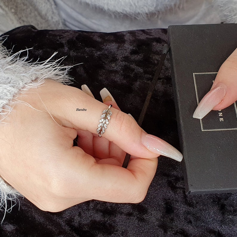 Mothers Day Gifts USA Good Luck Ring SOLID Sterling Silver 925 Cubic Zirconia Adjustable Petite Angel Feather Stackable Midi Finger Ring