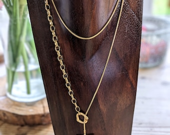 Gouden lariat Toggle-ketting, lange drop gelaagde lariat Y-gouden ketting, statement lange gouden ketting T-balk zonder rug, verjaardag verjaardagscadeau
