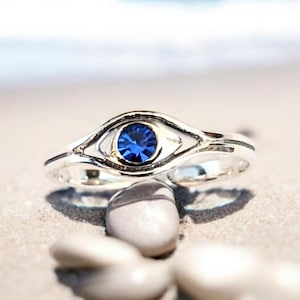 Anillo ajustable de plata de ley con forma de ojo malvado para el dedo del pie: zafiro azul